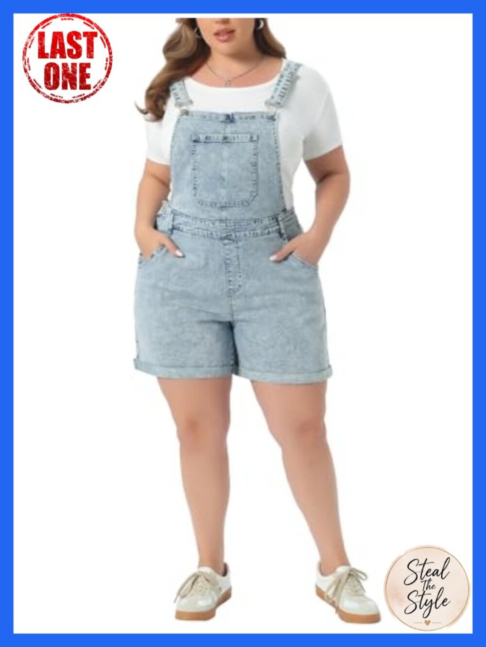 Women's Plus Size High Waist Denim Overall Shorts Jumpsuit Roll Hem Snow Wash